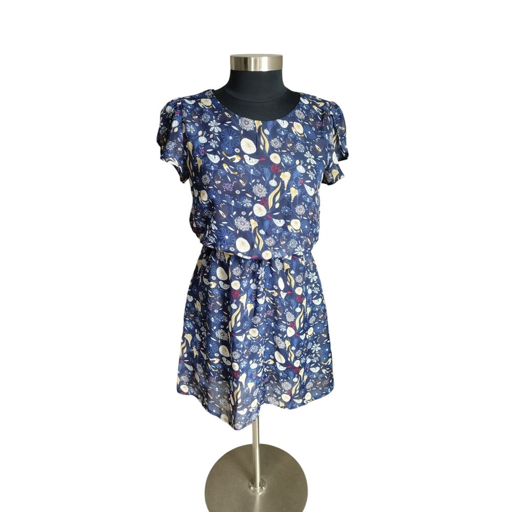 LA Soul Women's Novelty Bird Floral Chiffon Gathered Dress Navy Blue Medium